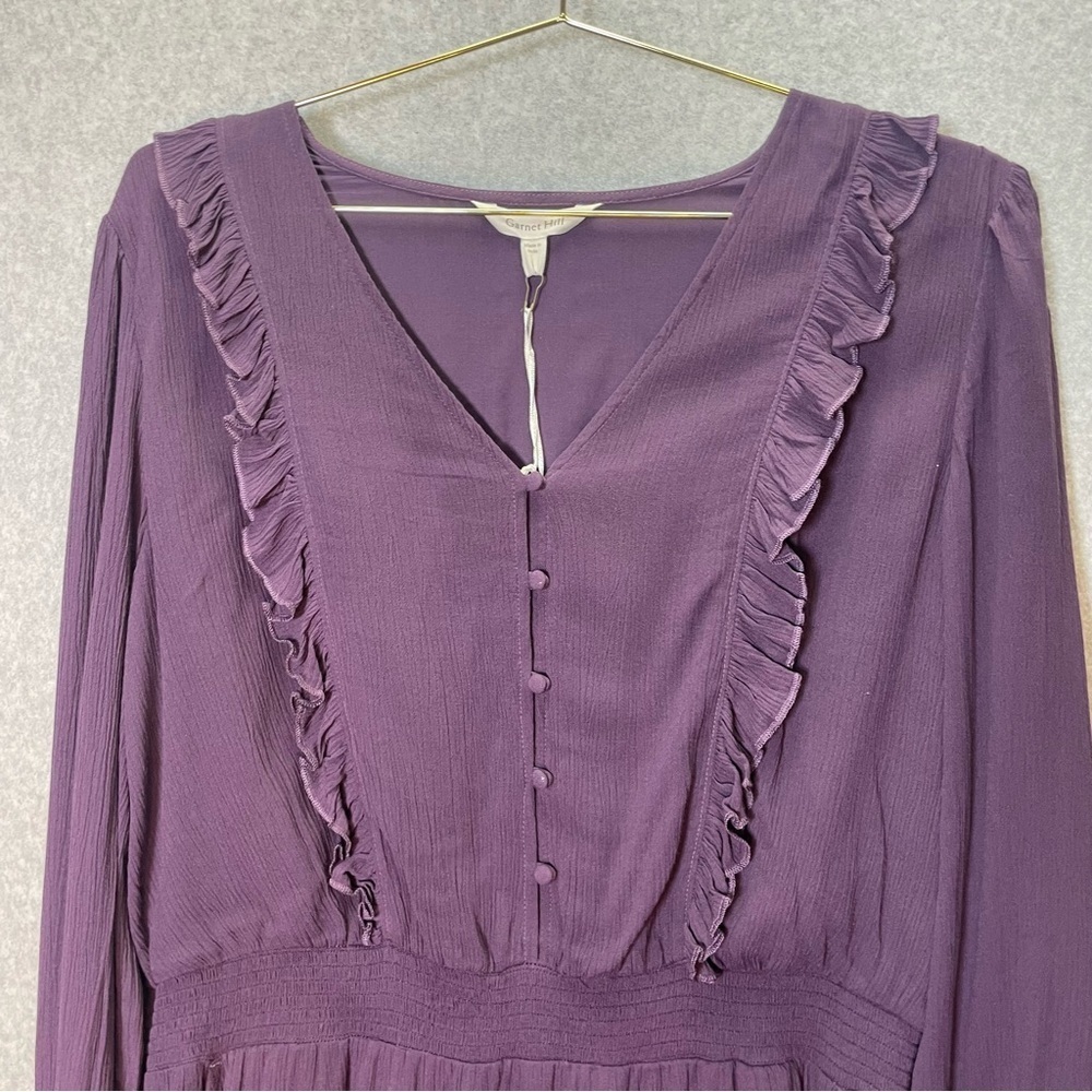 Garnet Hill Ruffle Crepe Plum Purple Peasant Long Sleeve Midi Dress Large - Picture 4 of 10